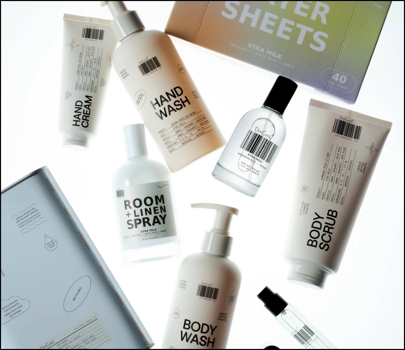 Assorted Dedcool body care products arranged together on white background.
